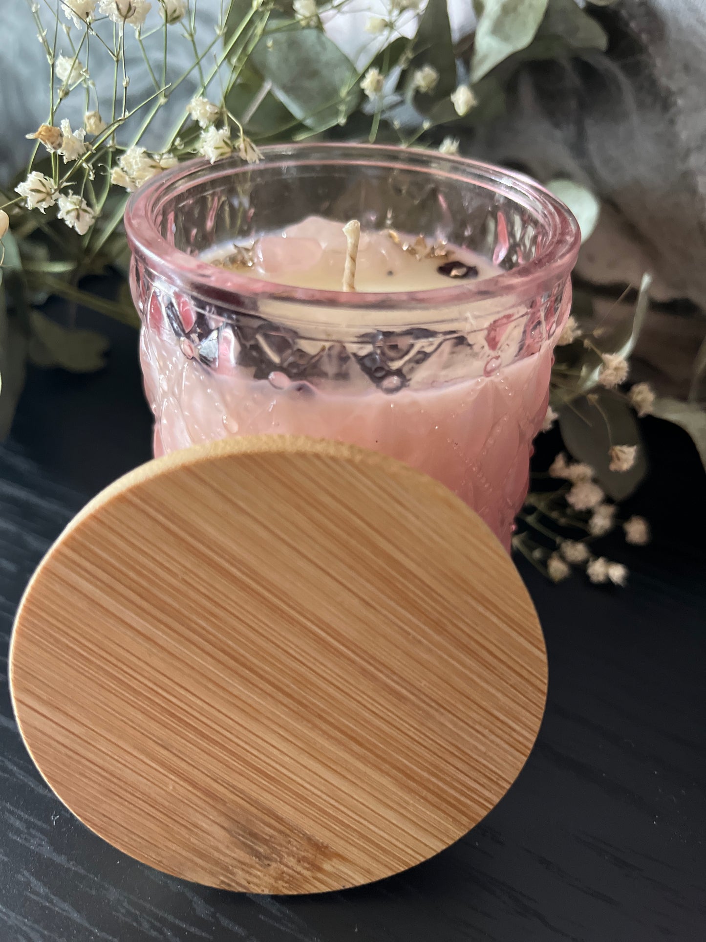 Bernstein Duftkerze mit Rosenquarz• Einzelstück 200ml